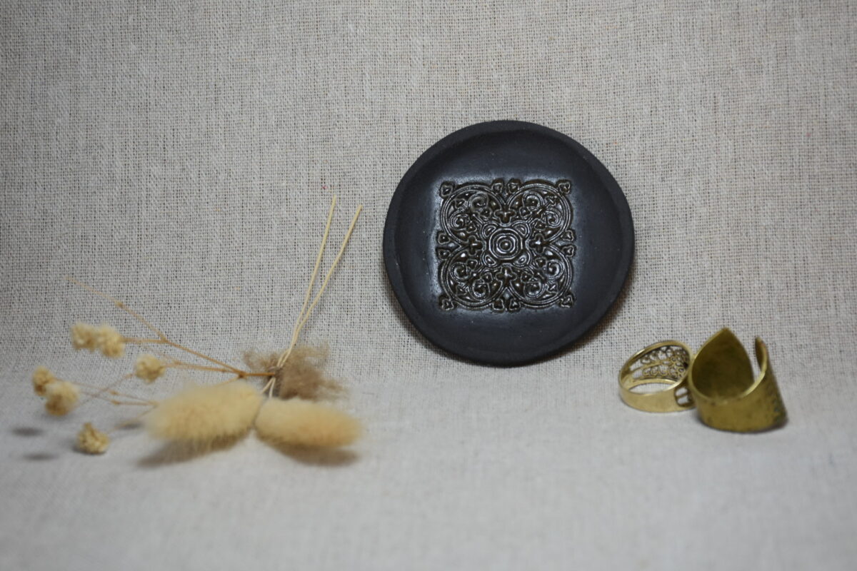 Black Ceramic Ring Dish | Ornate Vintage Floral Stamped Jewelry Tray Black Ceramic Ring Dish | Ornate Vintage Floral Stamped Jewelry Tray