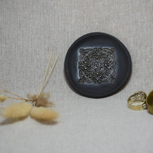 Black Ceramic Ring Dish | Ornate Vintage Floral Stamped Jewelry Tray