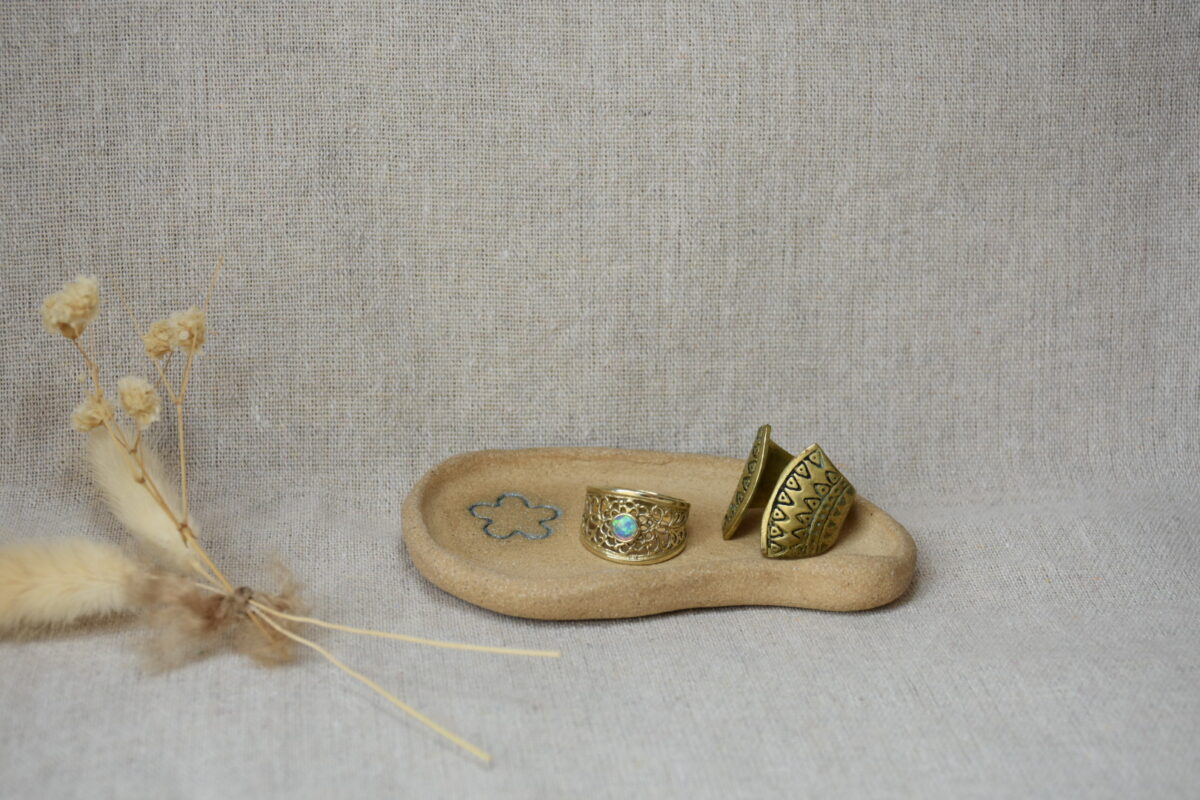 Handmade Stoneware Catchall | Small Rustic Jewelry Dish with Blue Flower Handmade Stoneware Catchall | Small Rustic Jewelry Dish with Blue Flower