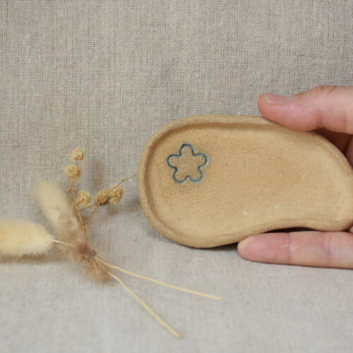 Handmade Stoneware Catchall | Small Rustic Jewelry Dish with Blue Flower