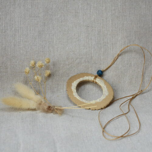 Handmade Ceramic Donut Necklace | Earthy Clay Circle Pendant with Blue Bead